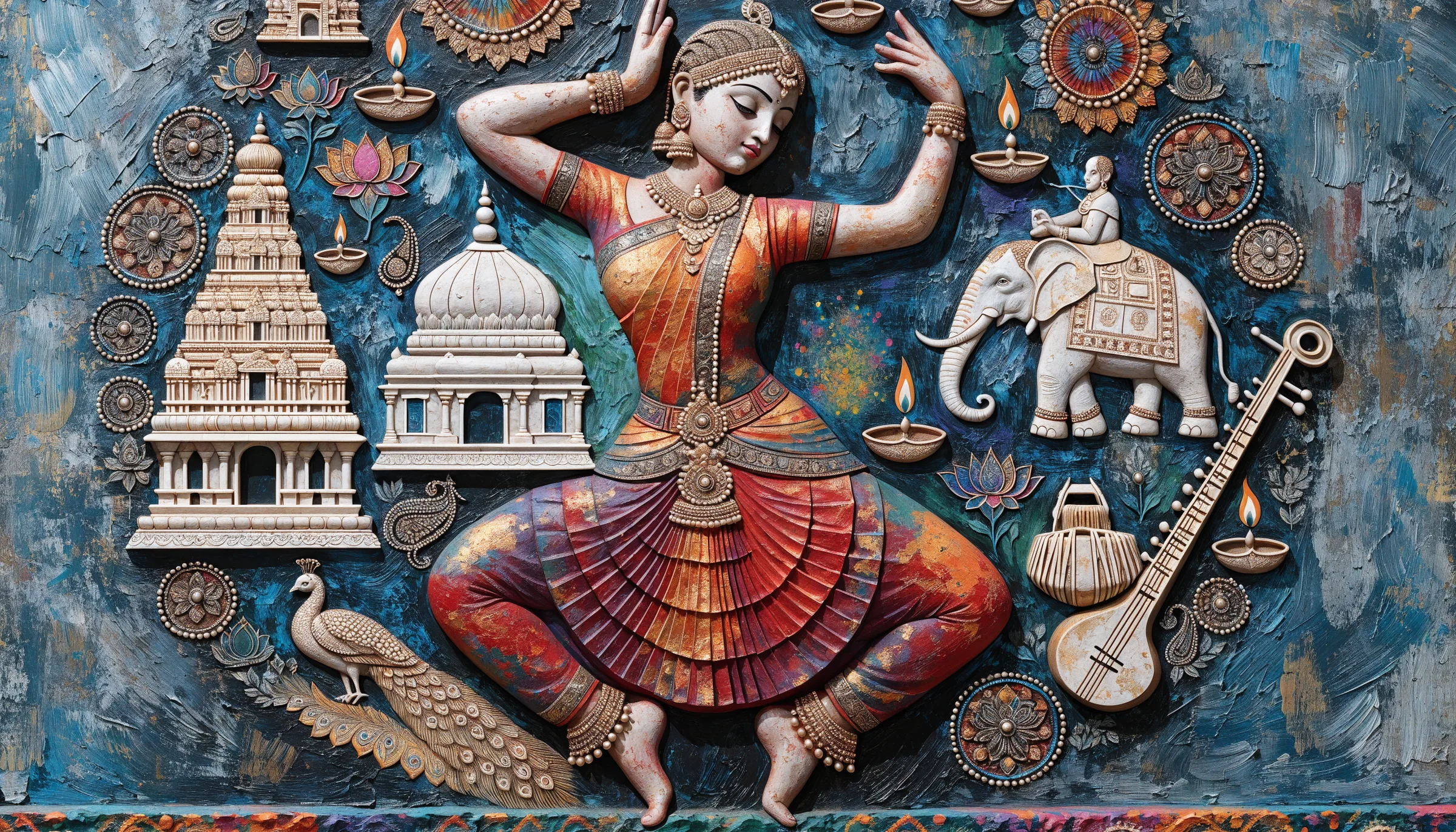 Carved relief of a Bharatanatyam dancer among temples, a peacock, a veena and oil lamps